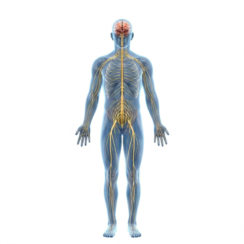 Diagram of human nervous system with labeled brain parts, spinal cord, cranial nerves, brachial plexus, lumbar plexus, and sacral plexus