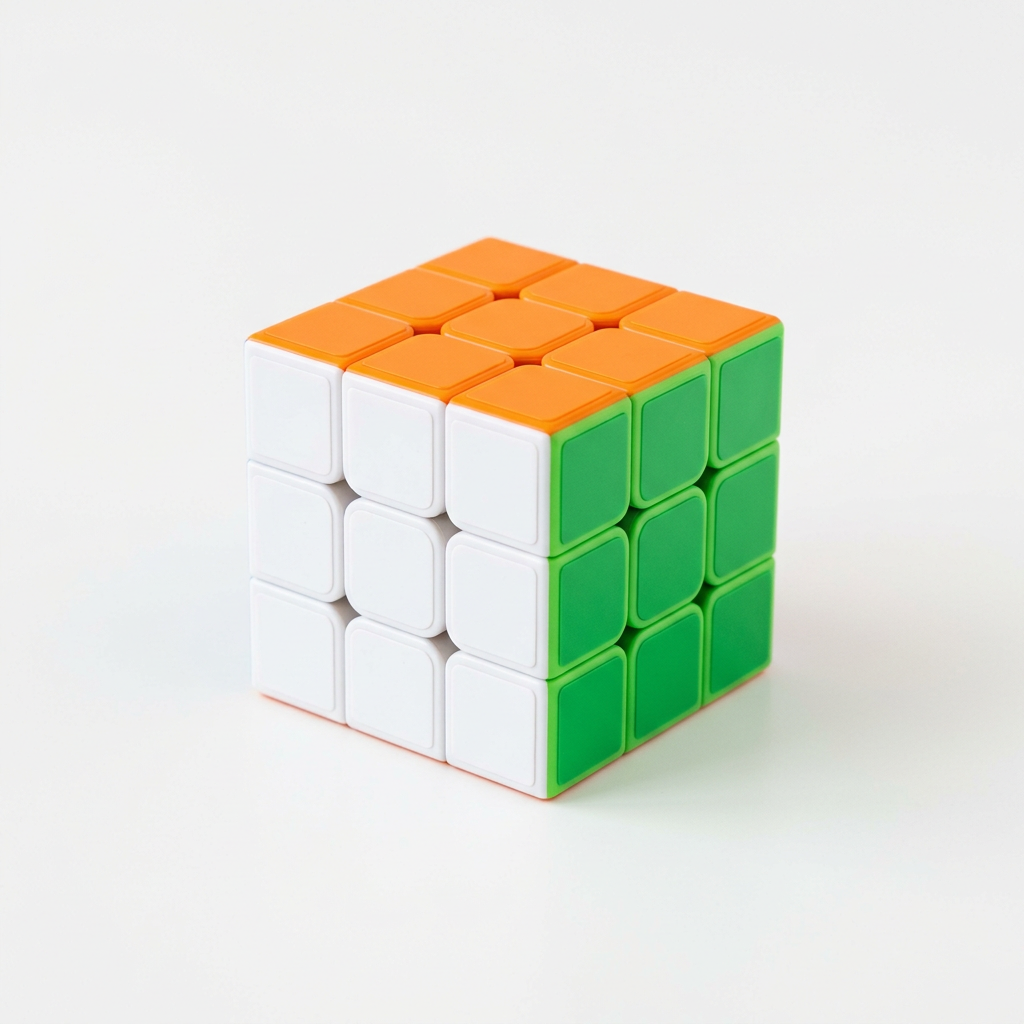 Solved 3x3 Rubik's Cube with orange, white, and green faces visible